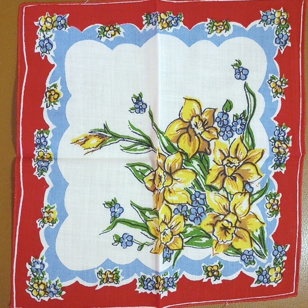 8 Floral Vintage Handkerchiefs. Red Pink Yellow Gold Green Aqua Blue Brown White - Picture 5 of 9